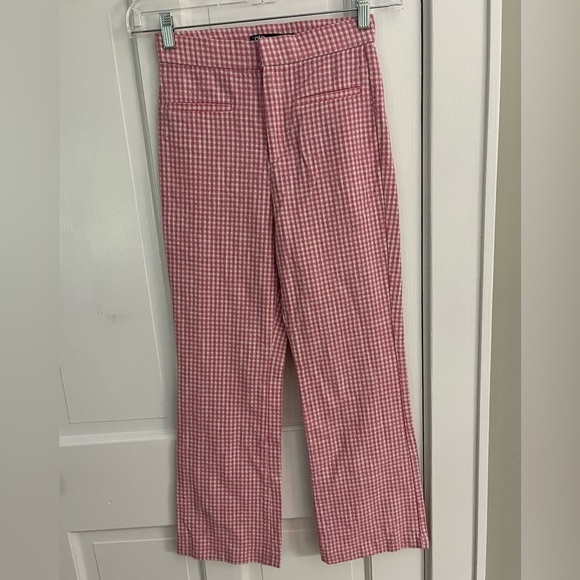 Zara Pink White Gingham Checkered High waist Flare Pants Slacks XS - Picture 4 of 14